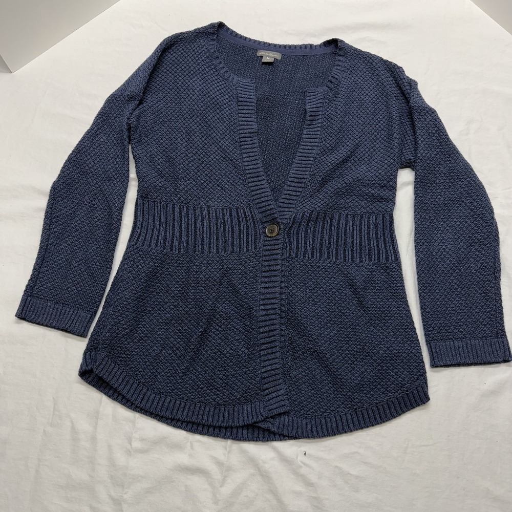 Eddie Bauer Women Navy Blue Cotton Textured Knit One Button Cardigan Sweater S